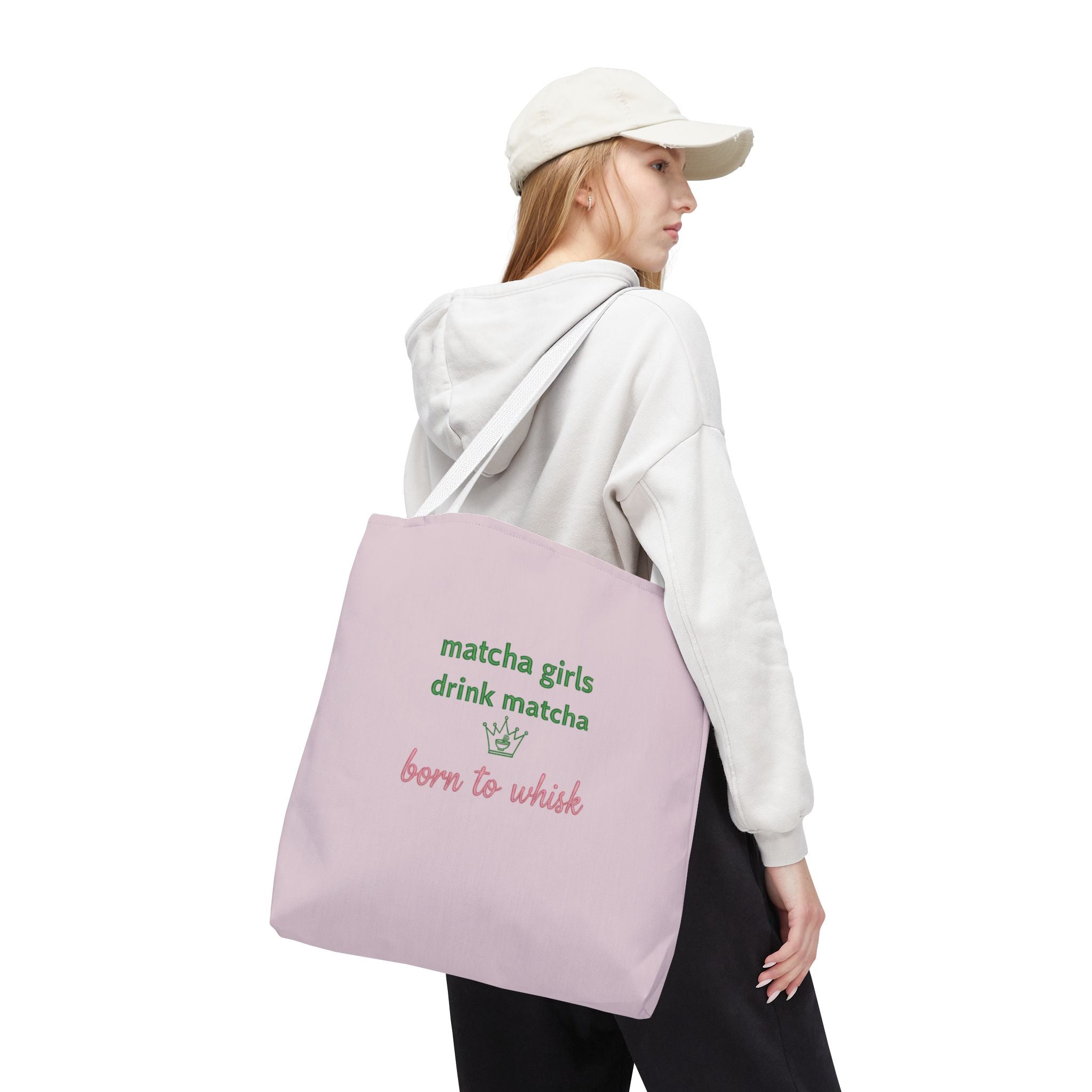 "matcha girls drink matcha born to whisk" Pink Reusable Shopping Tote