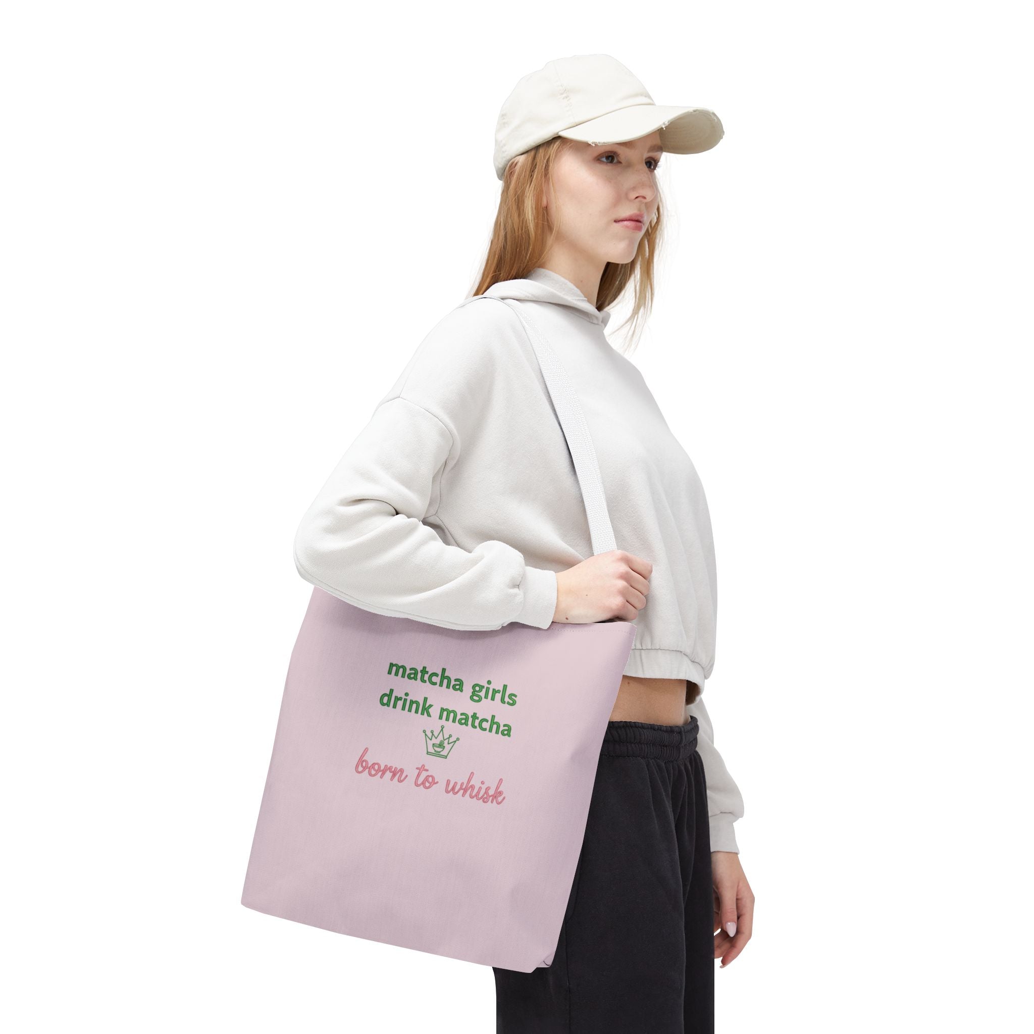 "matcha girls drink matcha born to whisk" Pink Reusable Shopping Tote