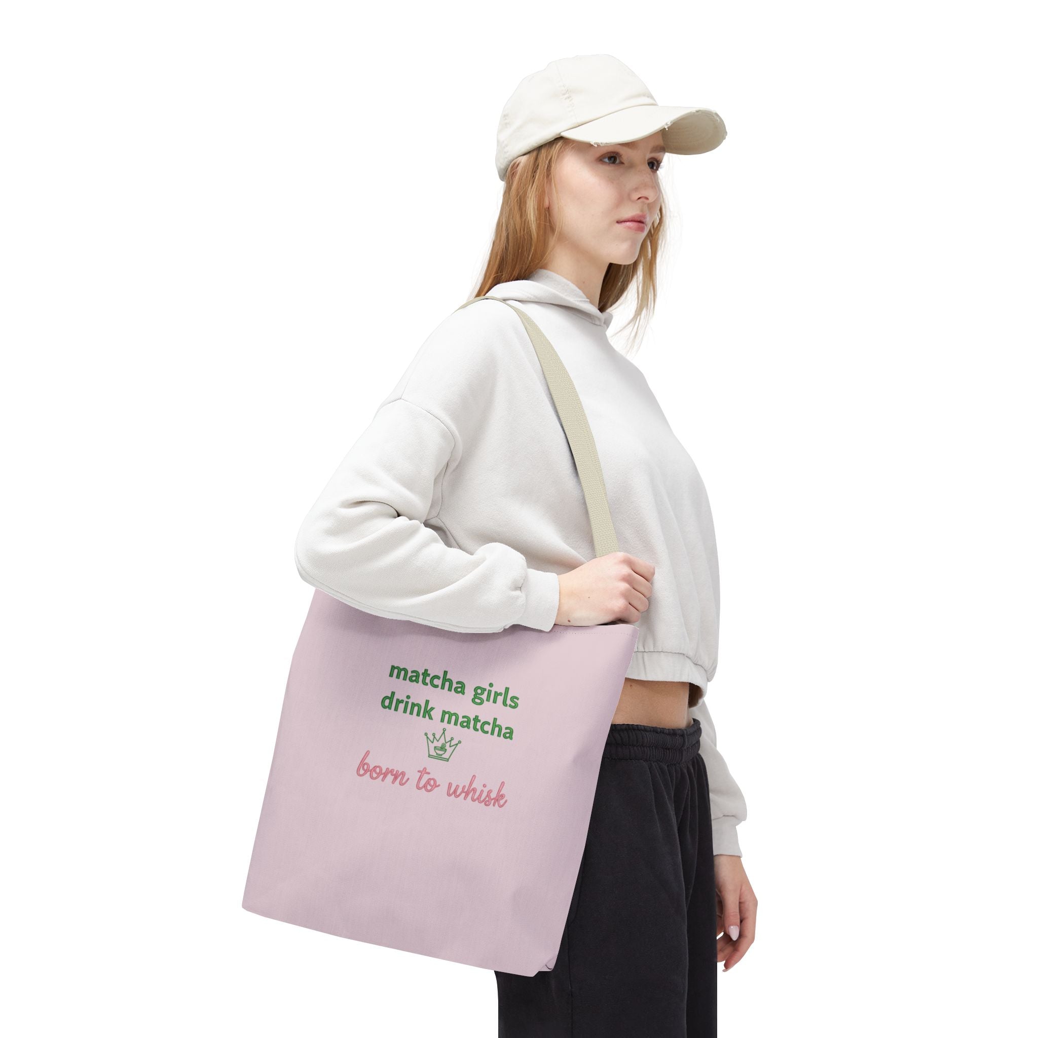 "matcha girls drink matcha born to whisk" Pink Reusable Shopping Tote