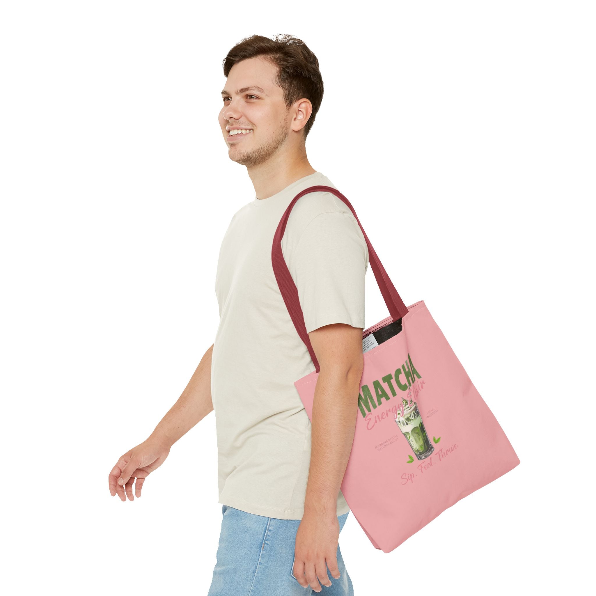 "Matcha Everything" Pink All-Over-Print Shoulder Tote