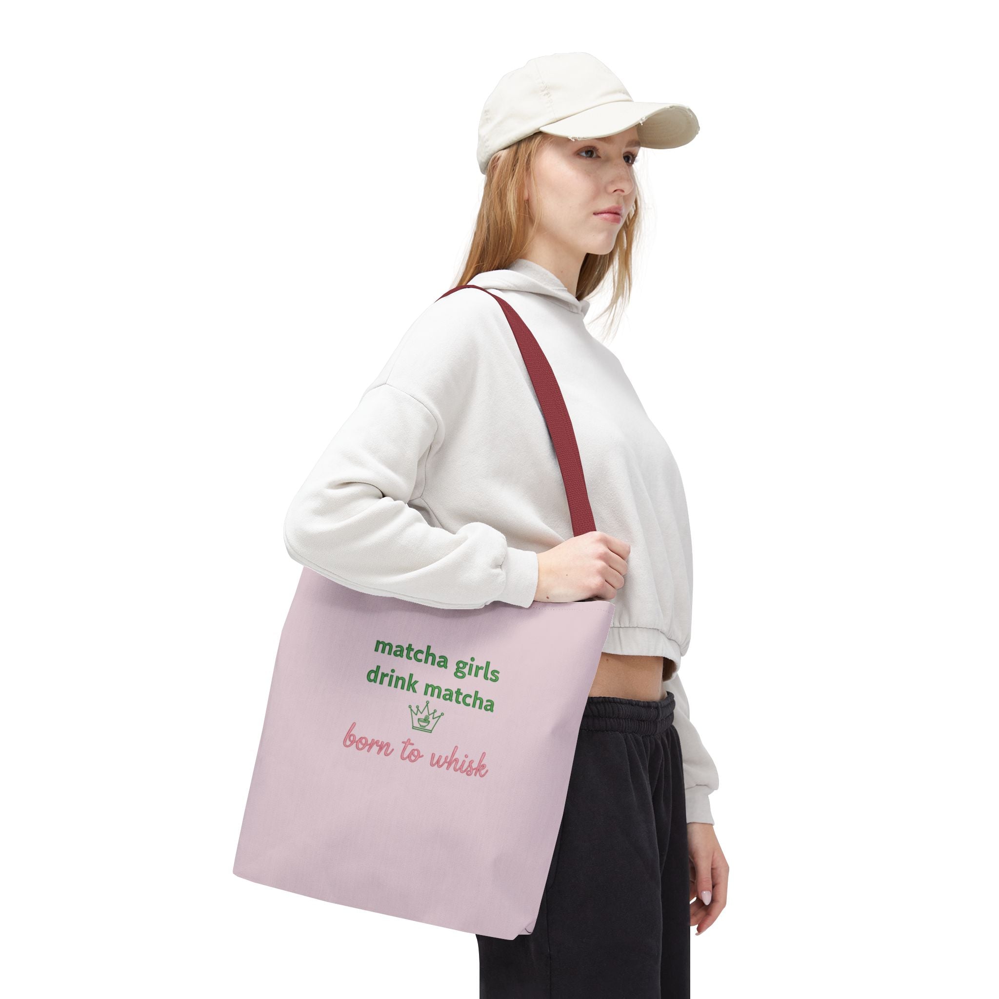 "matcha girls drink matcha born to whisk" Pink Reusable Shopping Tote