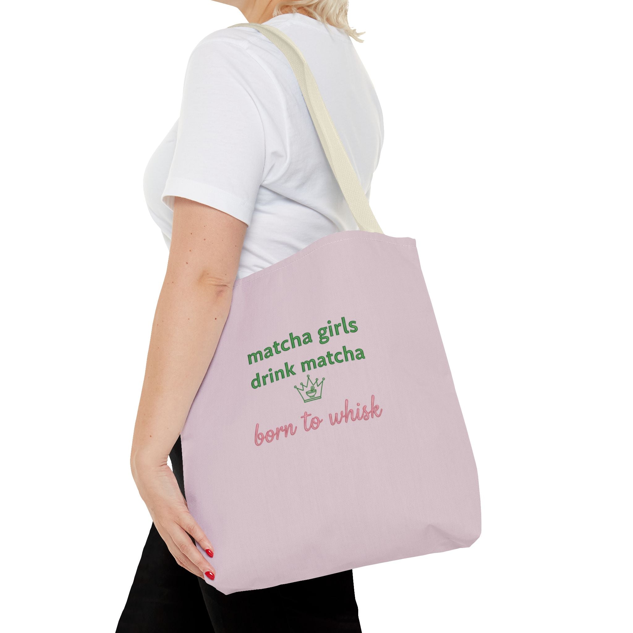 "matcha girls drink matcha born to whisk" Pink Reusable Shopping Tote