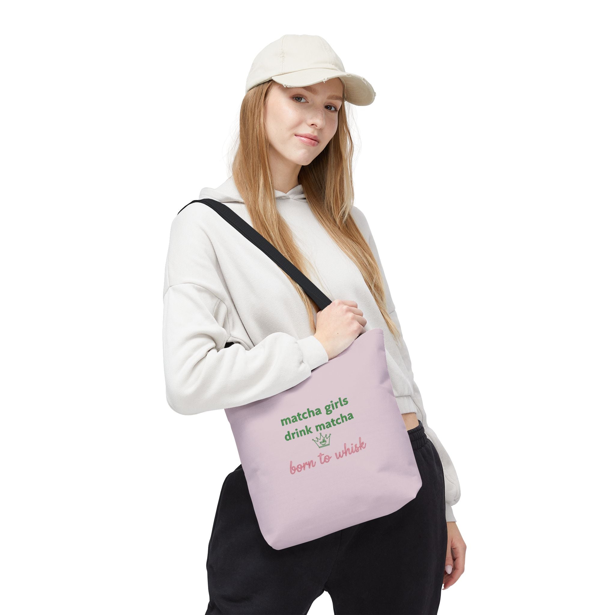 "matcha girls drink matcha born to whisk" Pink Reusable Shopping Tote
