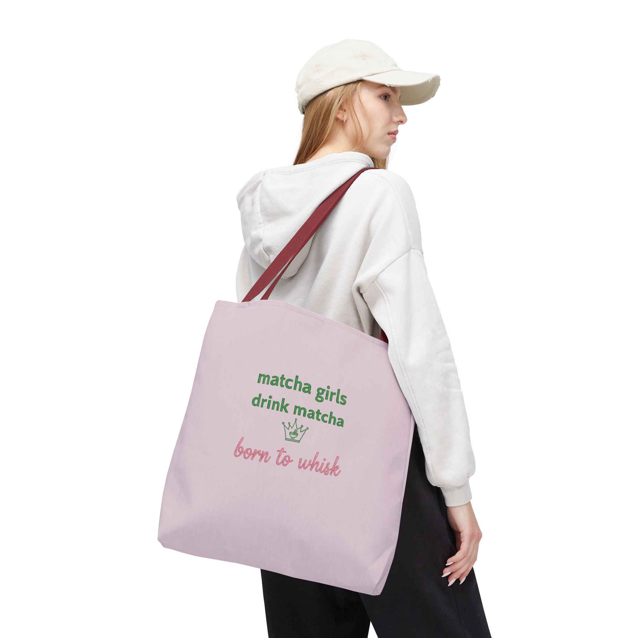 "matcha girls drink matcha born to whisk" Pink Reusable Shopping Tote