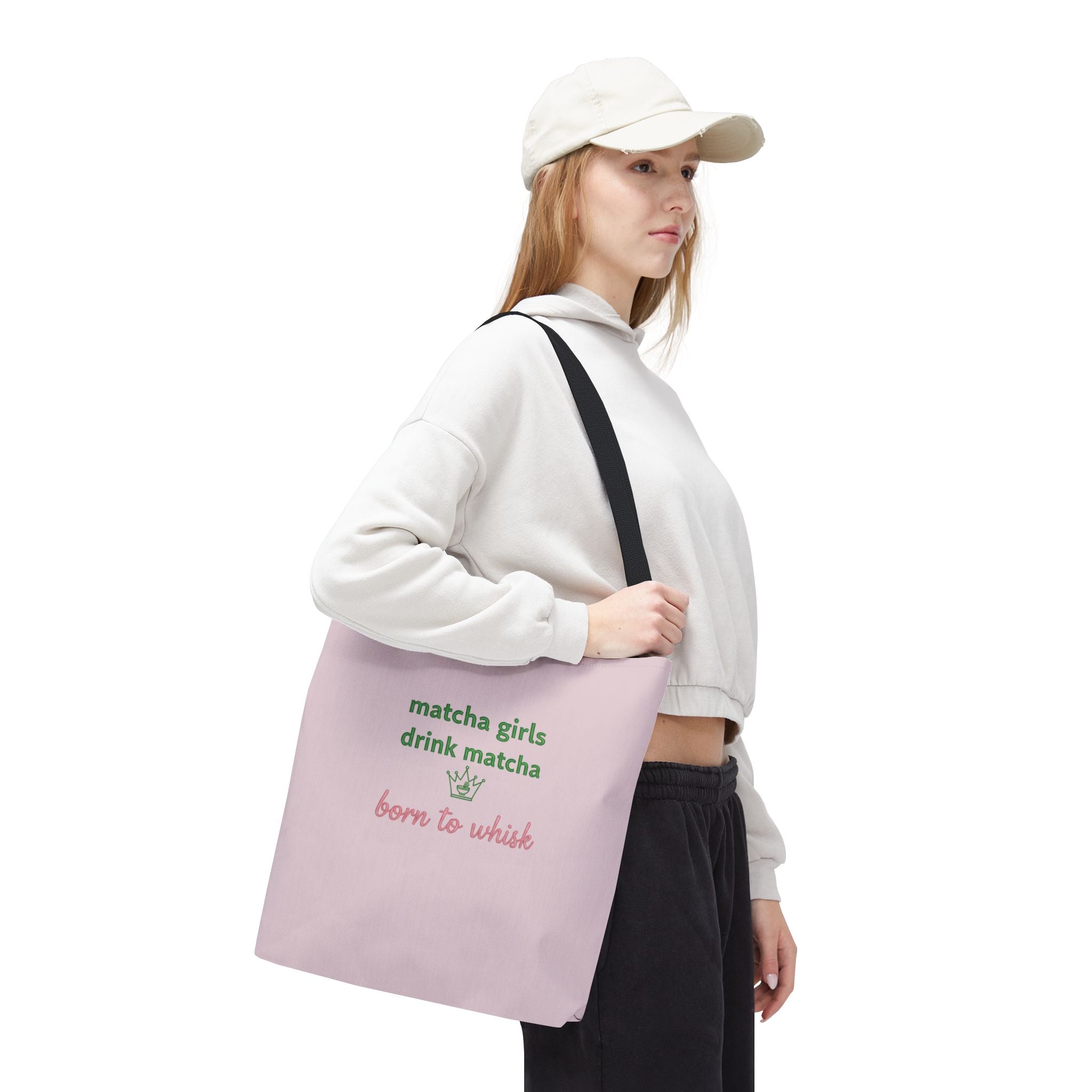 "matcha girls drink matcha born to whisk" Pink Reusable Shopping Tote