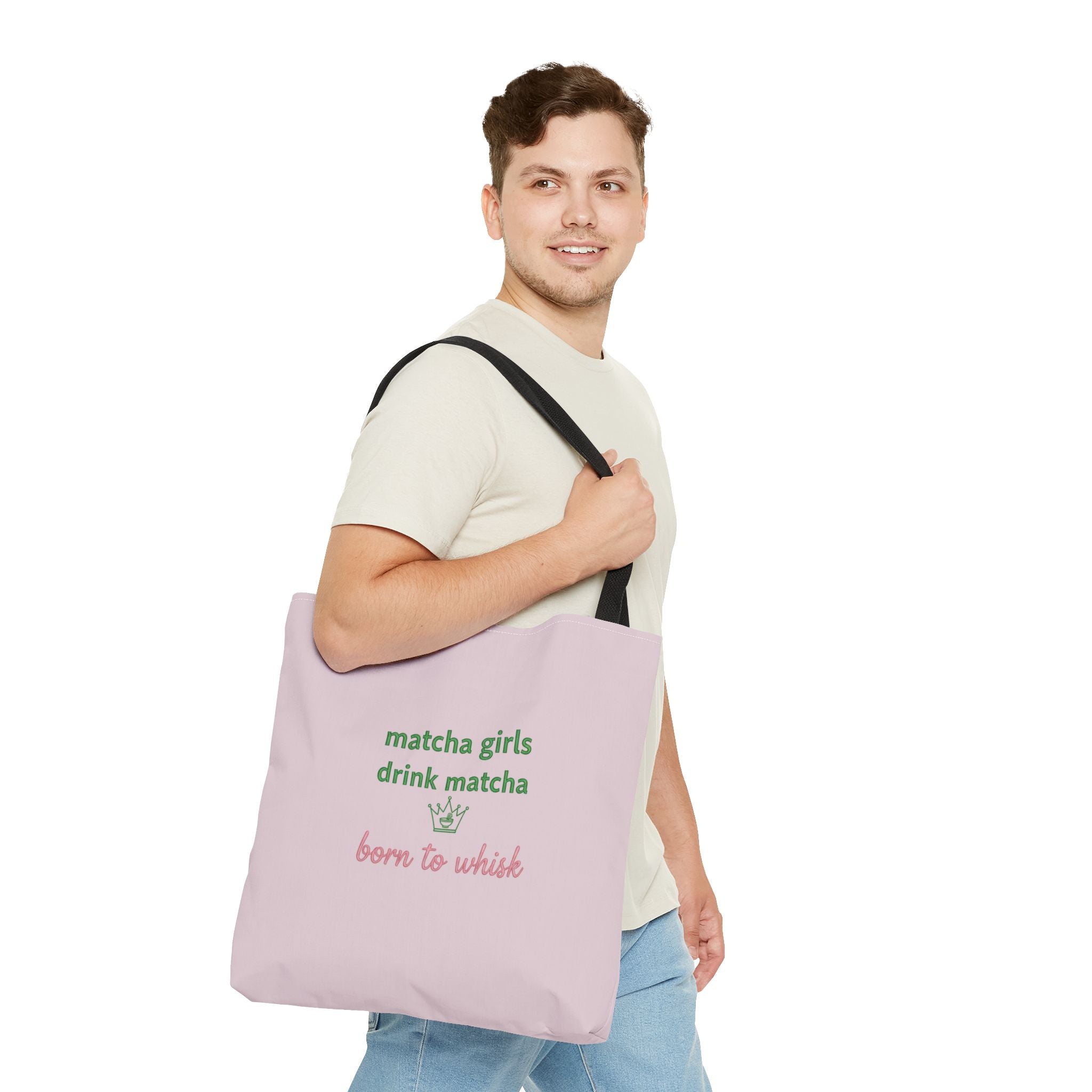 "matcha girls drink matcha born to whisk" Pink Reusable Shopping Tote