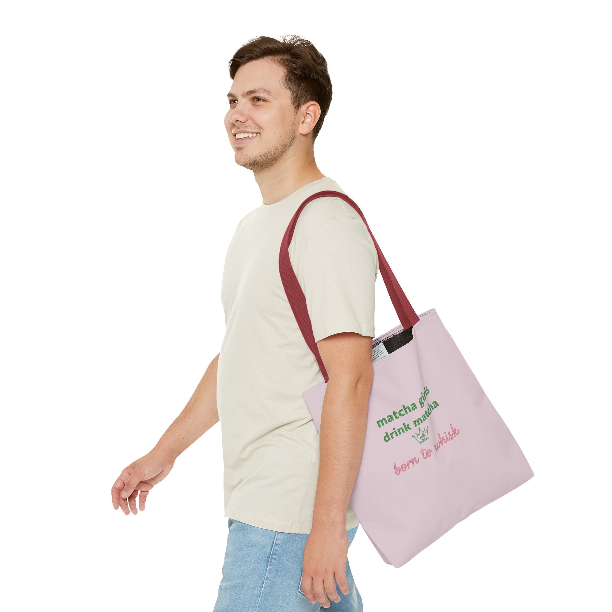 "matcha girls drink matcha born to whisk" Pink Reusable Shopping Tote