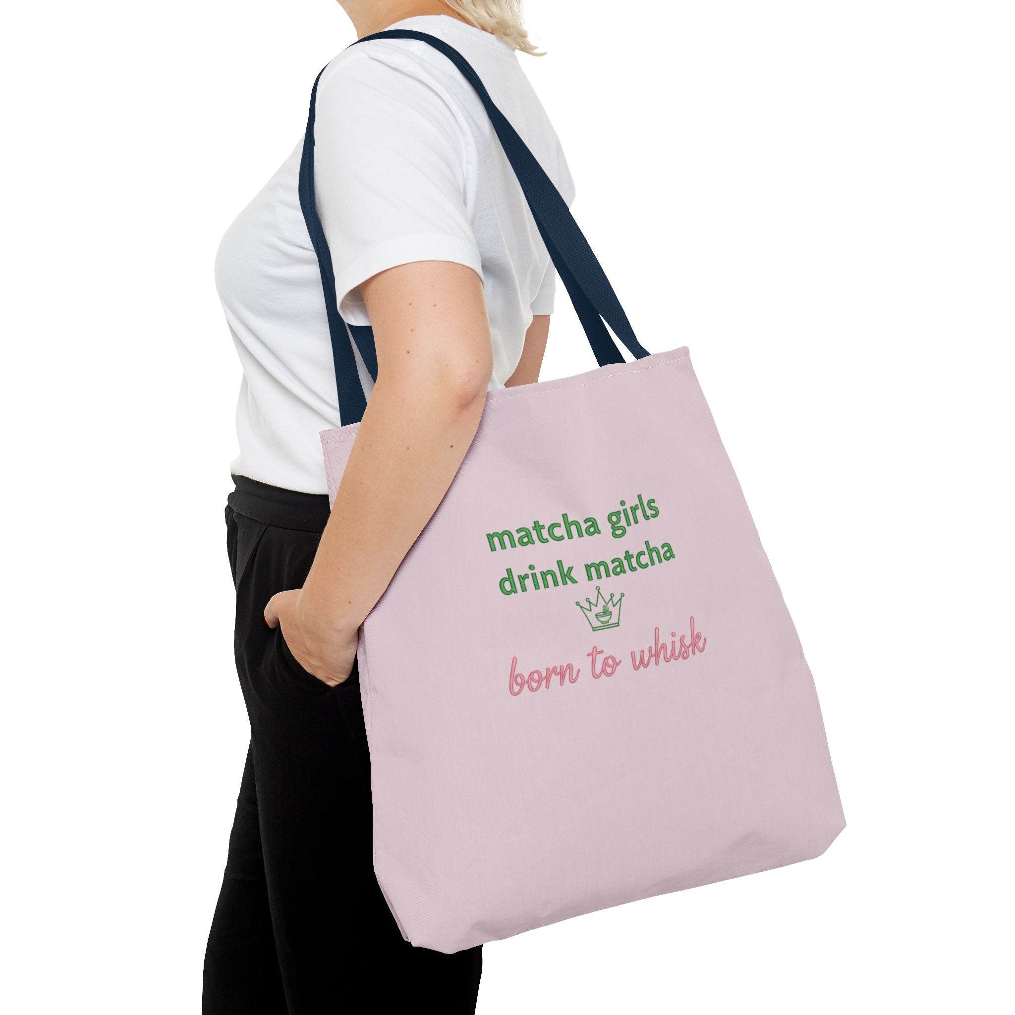 "matcha girls drink matcha born to whisk" Pink Reusable Shopping Tote
