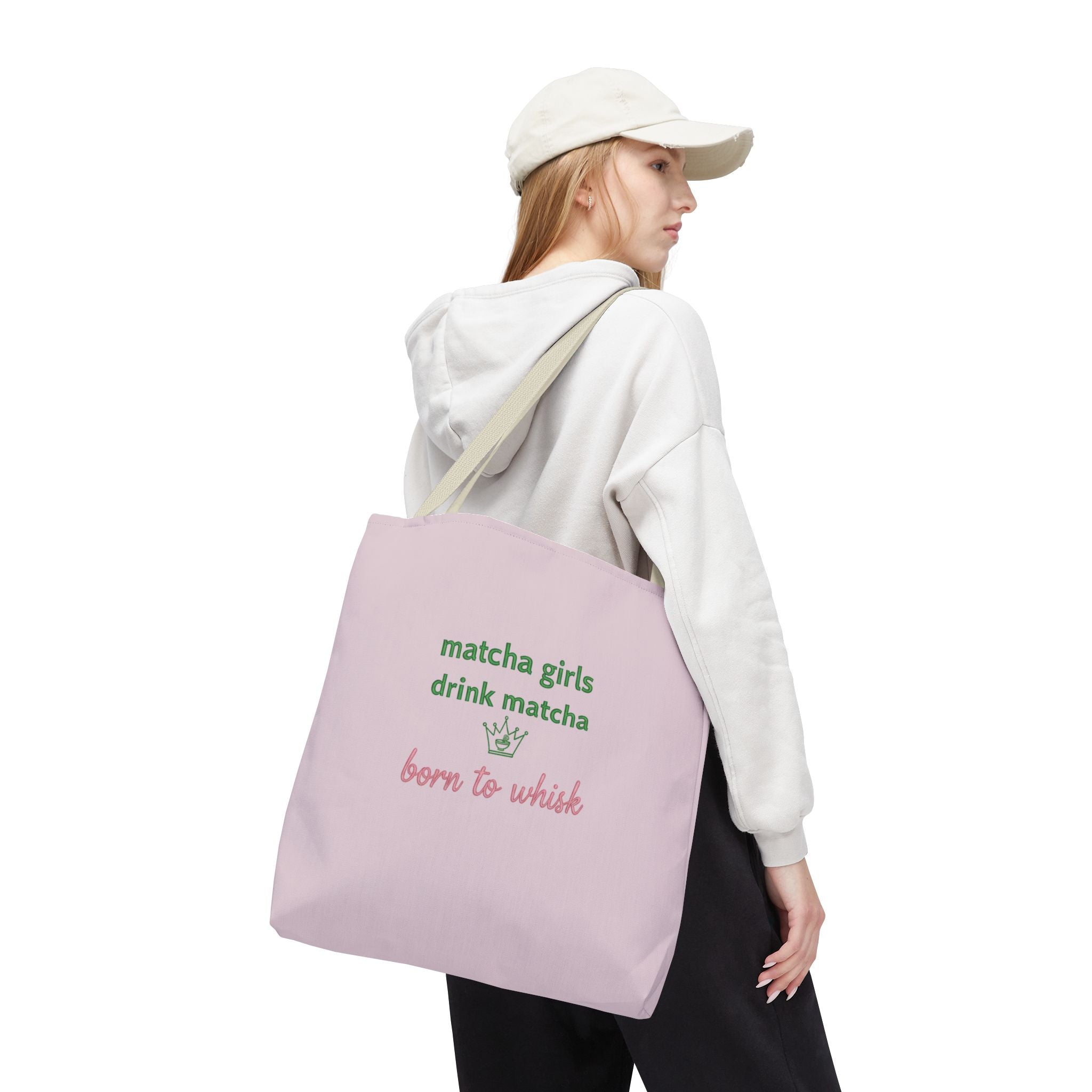 "matcha girls drink matcha born to whisk" Pink Reusable Shopping Tote