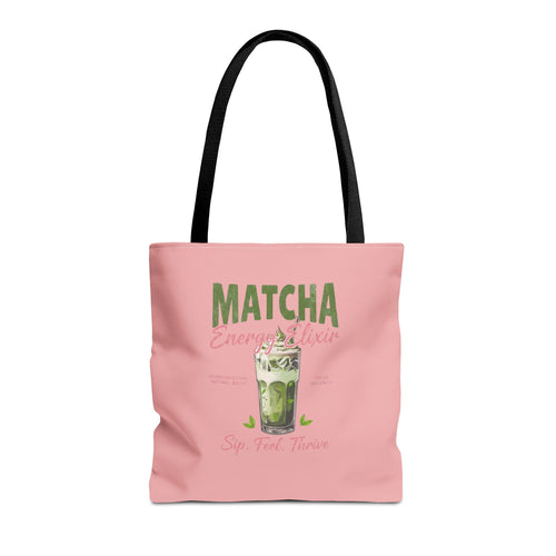 "Matcha Everything" Pink All-Over-Print Shoulder Tote