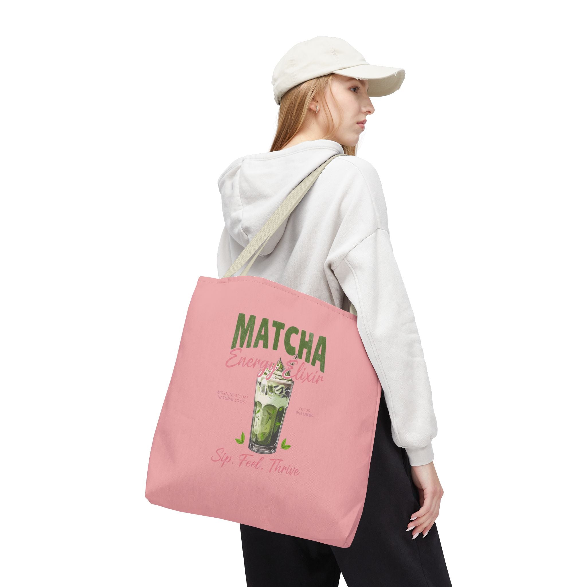 "Matcha Everything" Pink All-Over-Print Shoulder Tote
