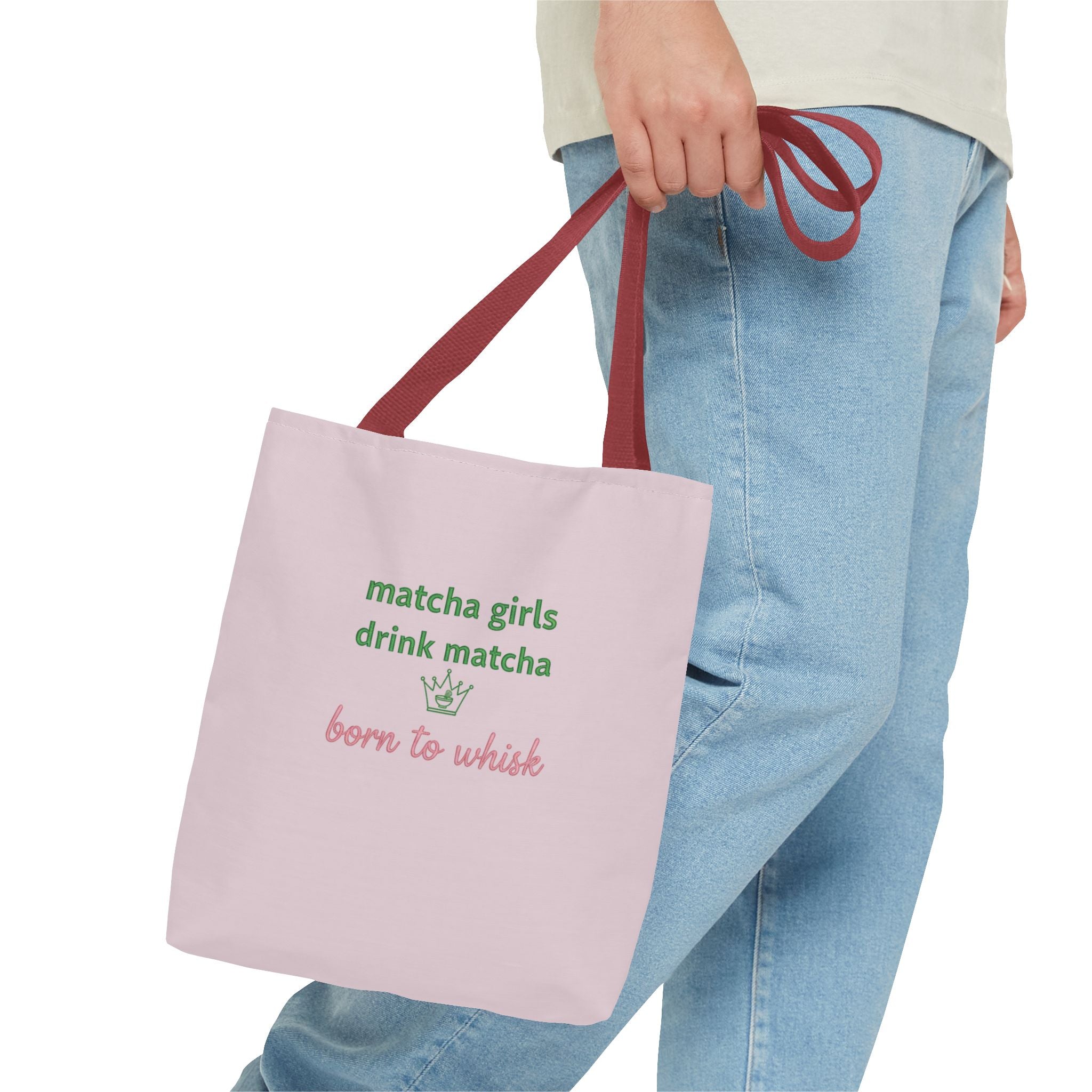 "matcha girls drink matcha born to whisk" Pink Reusable Shopping Tote