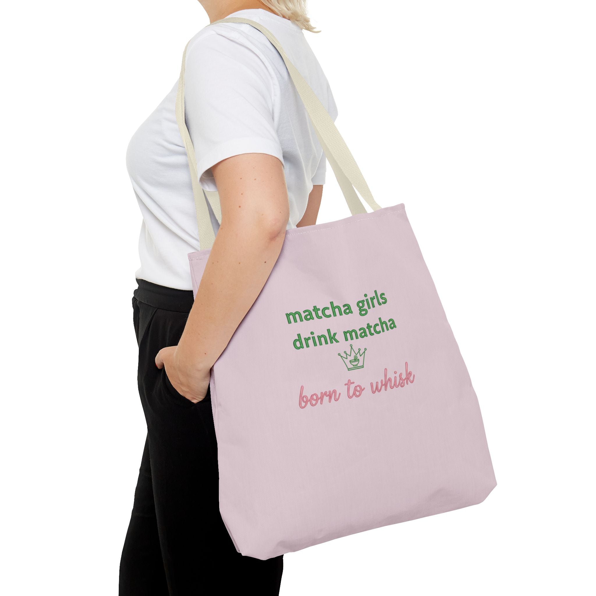"matcha girls drink matcha born to whisk" Pink Reusable Shopping Tote