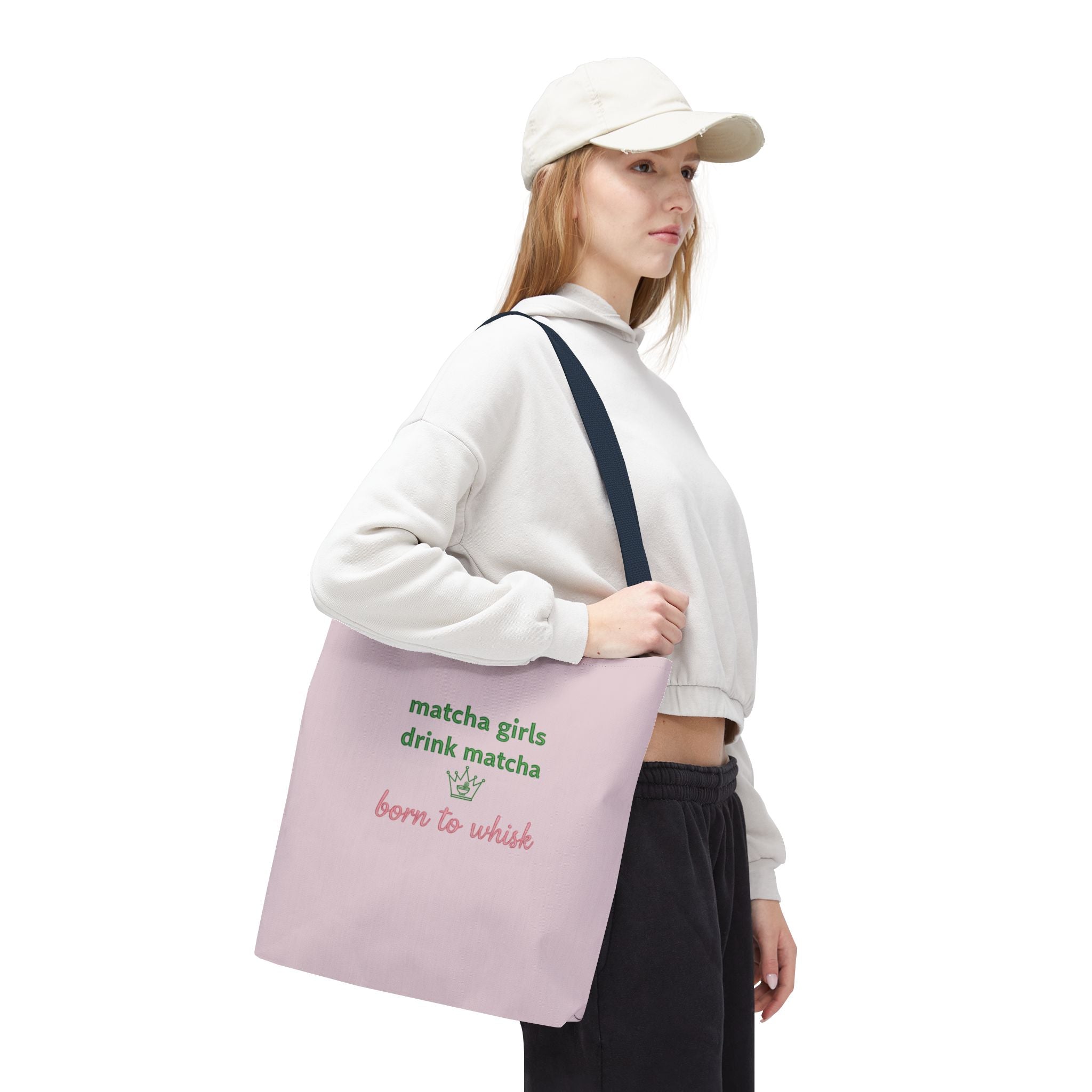 "matcha girls drink matcha born to whisk" Pink Reusable Shopping Tote