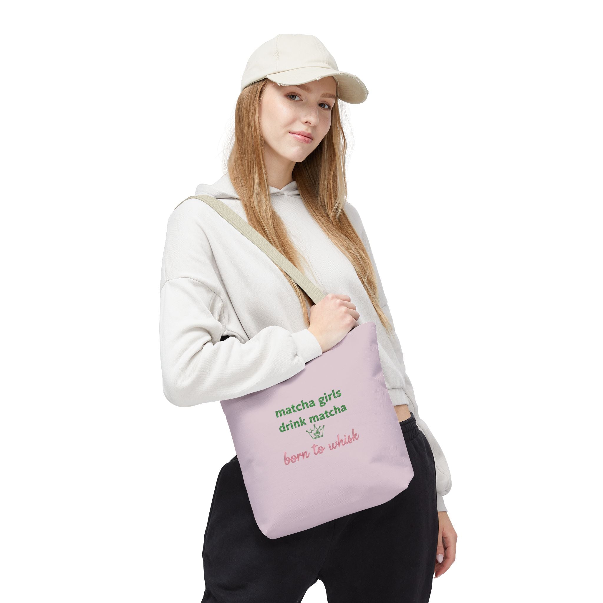 "matcha girls drink matcha born to whisk" Pink Reusable Shopping Tote