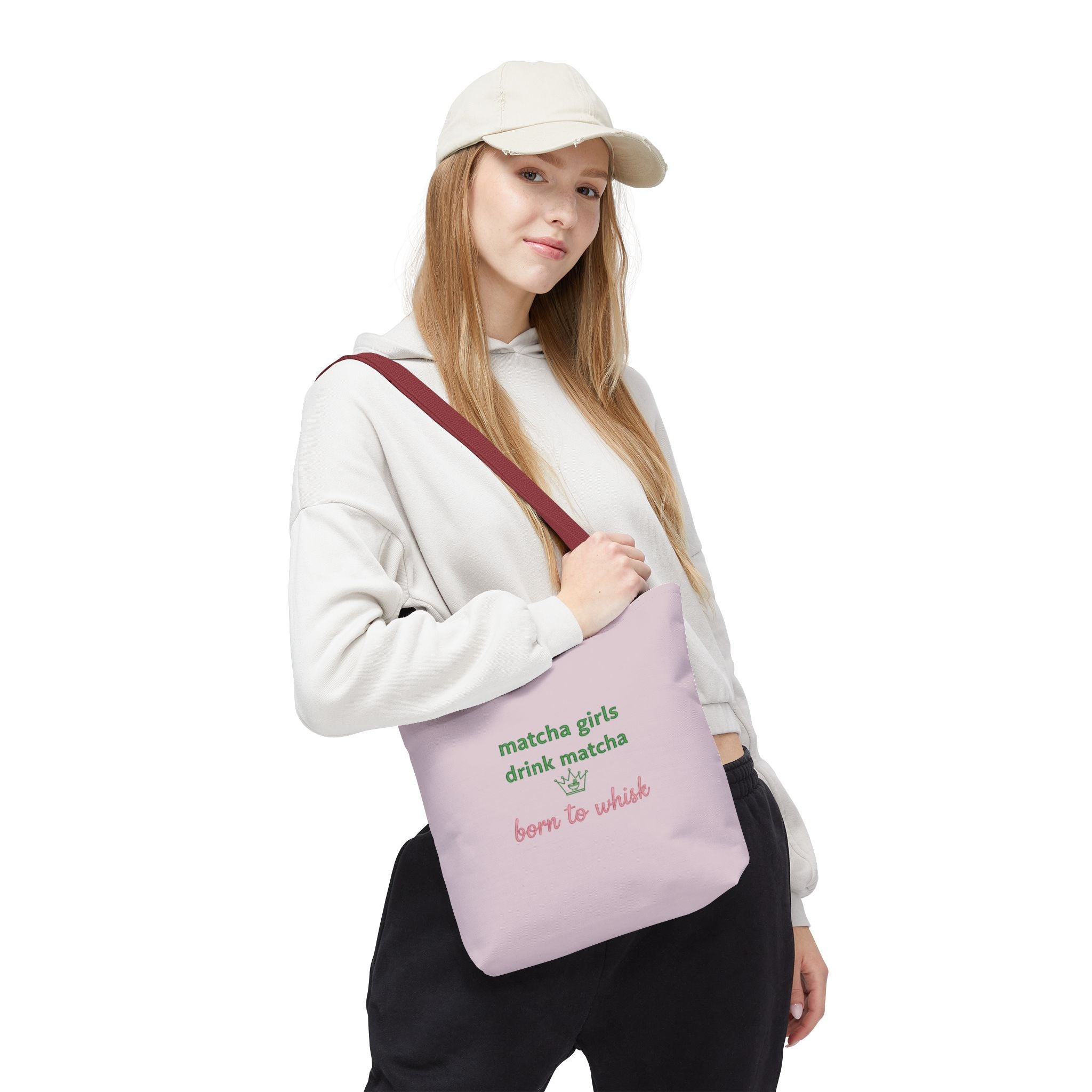 "matcha girls drink matcha born to whisk" Pink Reusable Shopping Tote