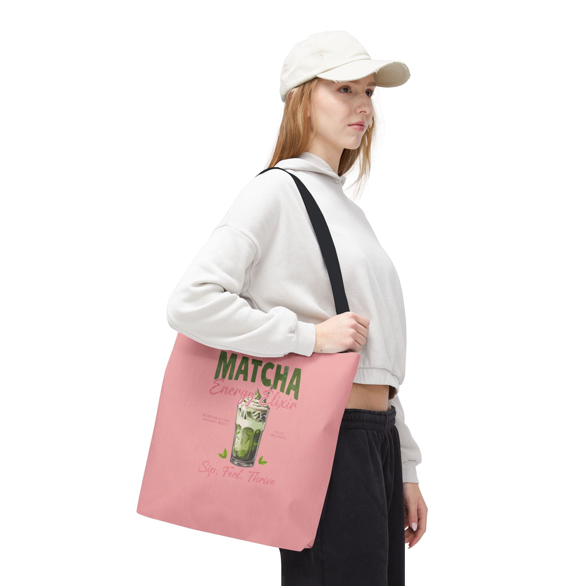 "Matcha Everything" Pink All-Over-Print Shoulder Tote