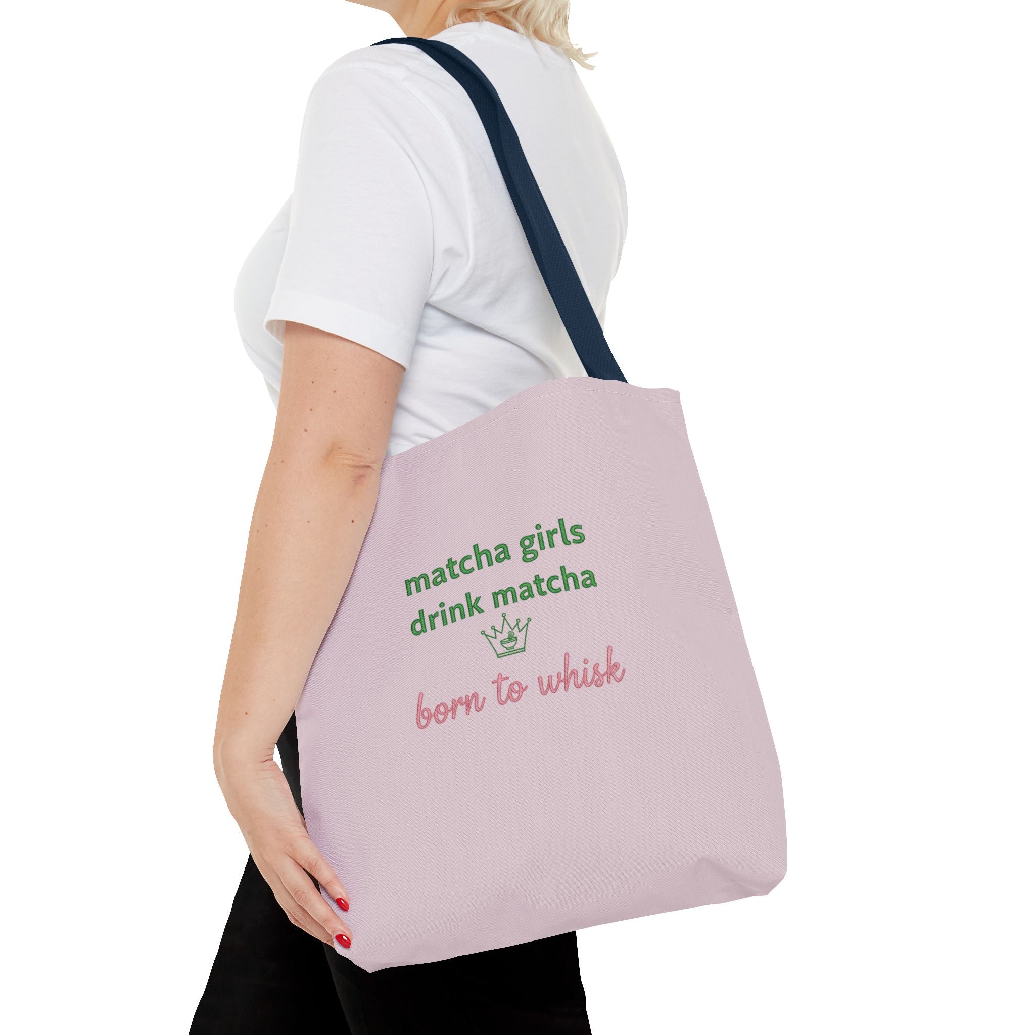 "matcha girls drink matcha born to whisk" Pink Reusable Shopping Tote