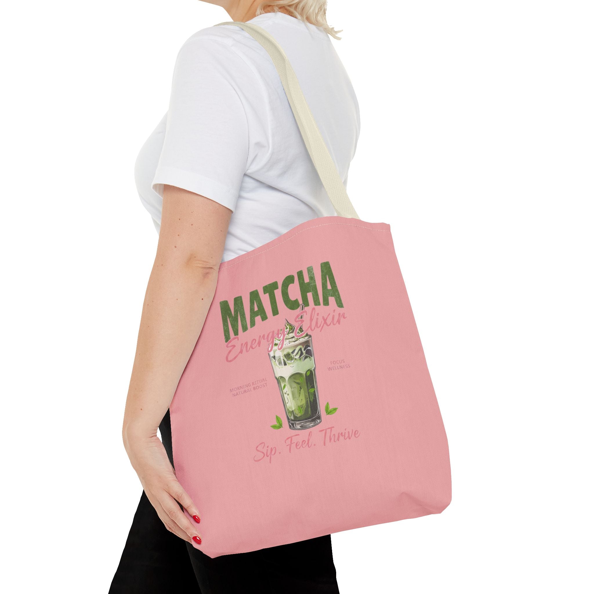 "Matcha Everything" Pink All-Over-Print Shoulder Tote