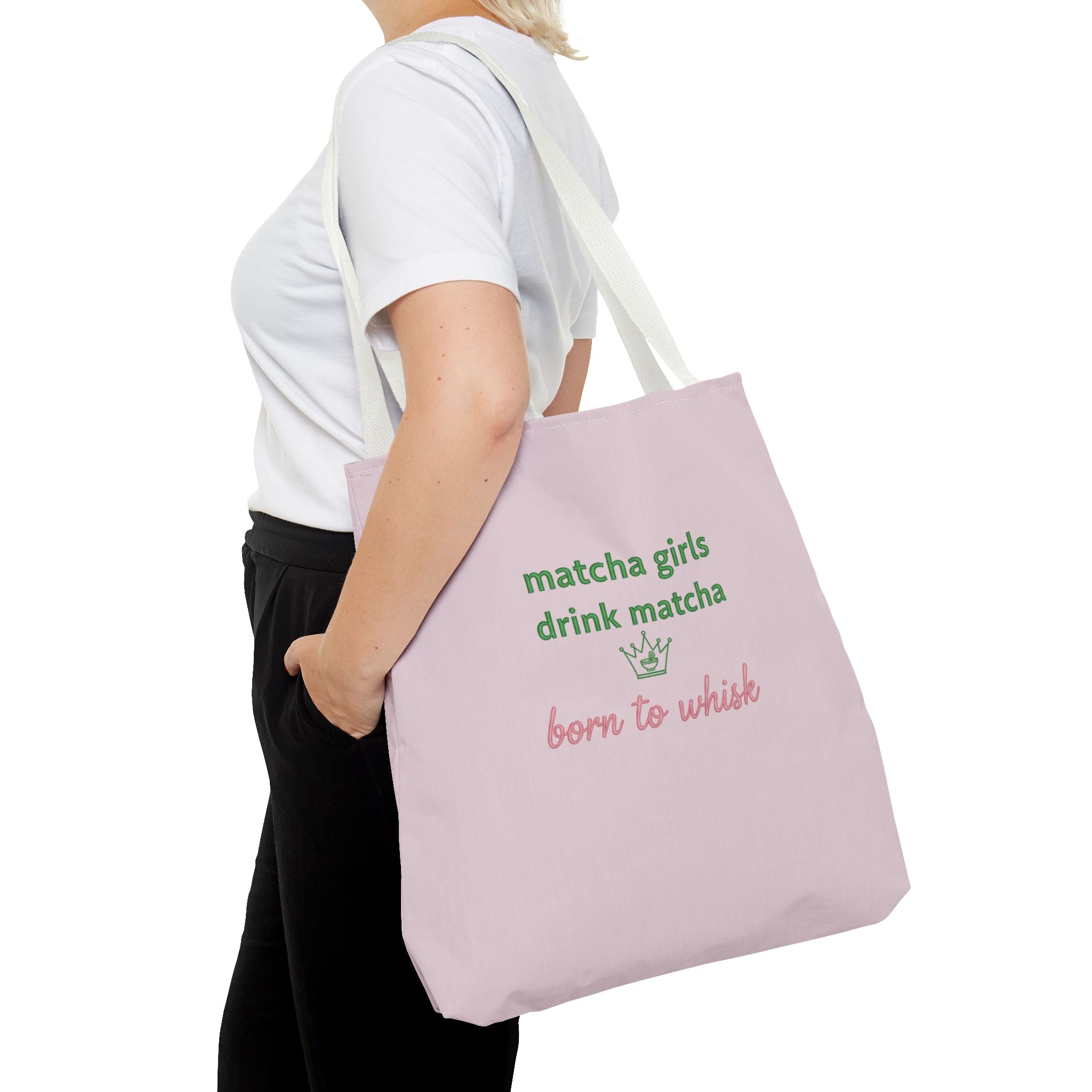 "matcha girls drink matcha born to whisk" Pink Reusable Shopping Tote